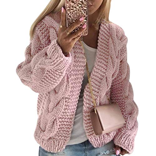 Onsoyours Strickjacke Damen Grobstrick Strickmantel Strickcardigan Damen Herbst Winter Casual Open Front Sweater Cardigan Zopfmuster Kapuze Oversize Strickmante Y Rosa XL von Onsoyours