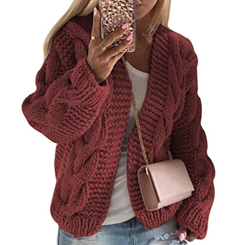 Onsoyours Strickjacke Damen Grobstrick Strickmantel Strickcardigan Damen Herbst Winter Casual Open Front Sweater Cardigan Zopfmuster Kapuze Oversize Strickmante Y Weinrot XS von Onsoyours