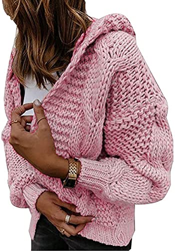 Onsoyours Strickjacke Damen Grobstrick Strickmantel strickcardigan Damen Herbst Winter Casual Open Front Sweater Cardigan Zopfmuster Kapuze Oversize Strickmante (S, Rosa) von Onsoyours