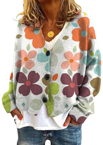 Onsoyours Strickjacke Damen Herbst Winter Chic V-Ausschnitt Strickmantel Druck Langarm Gestrickte Cardigan Übergangsjacke Elegant Lose Knopf Strickpullover Lässige Mantel A01 Orange 3XL von Onsoyours