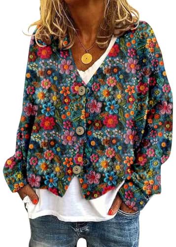 Onsoyours Strickjacke Damen Herbst Winter Chic V-Ausschnitt Strickmantel Druck Langarm Gestrickte Cardigan Übergangsjacke Elegant Lose Knopf Strickpullover Lässige Mantel A02 Blau XXL von Onsoyours