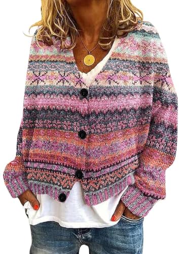 Onsoyours Strickjacke Damen Herbst Winter Chic V-Ausschnitt Strickmantel Druck Langarm Gestrickte Cardigan Übergangsjacke Elegant Lose Knopf Strickpullover Lässige Mantel A05 Rosa S von Onsoyours