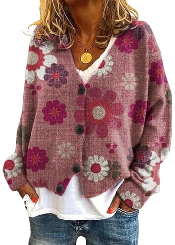 Onsoyours Strickjacke Damen Herbst Winter Chic V-Ausschnitt Strickmantel Druck Langarm Gestrickte Cardigan Übergangsjacke Elegant Lose Knopf Strickpullover Lässige Mantel A06 Rosa XL von Onsoyours