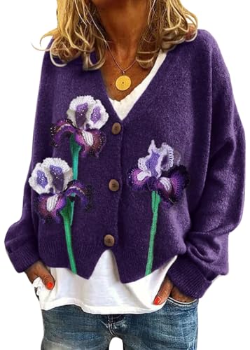 Onsoyours Strickjacke Damen Herbst Winter Chic V-Ausschnitt Strickmantel Druck Langarm Gestrickte Cardigan Übergangsjacke Elegant Lose Knopf Strickpullover Lässige Mantel A07 Dunkellila 3XL von Onsoyours