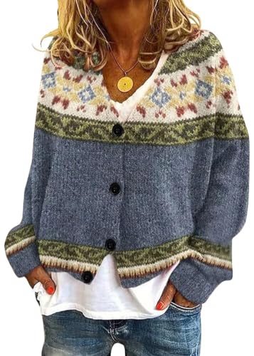 Onsoyours Strickjacke Damen Herbst Winter Chic V-Ausschnitt Strickmantel Druck Langarm Gestrickte Cardigan Übergangsjacke Elegant Lose Knopf Strickpullover Lässige Mantel A13 Grau S von Onsoyours