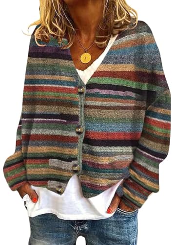 Onsoyours Strickjacke Damen Herbst Winter Chic V-Ausschnitt Strickmantel Druck Langarm Gestrickte Cardigan Übergangsjacke Elegant Lose Knopf Strickpullover Lässige Mantel A15 Mehrfarbig 3XL von Onsoyours