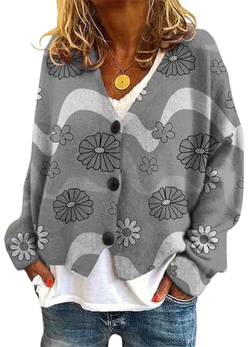 Onsoyours Strickjacke Damen Herbst Winter Chic V-Ausschnitt Strickmantel Druck Langarm Gestrickte Cardigan Übergangsjacke Elegant Lose Knopf Strickpullover Lässige Mantel B01 Grau 3XL von Onsoyours