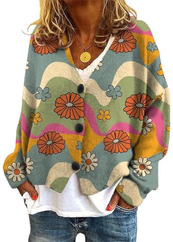 Onsoyours Strickjacke Damen Herbst Winter Chic V-Ausschnitt Strickmantel Druck Langarm Gestrickte Cardigan Übergangsjacke Elegant Lose Knopf Strickpullover Lässige Mantel B01 Orange L von Onsoyours