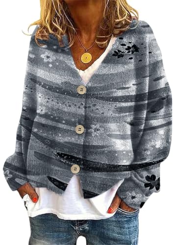 Onsoyours Strickjacke Damen Herbst Winter Chic V-Ausschnitt Strickmantel Druck Langarm Gestrickte Cardigan Übergangsjacke Elegant Lose Knopf Strickpullover Lässige Mantel B05 Grau XXL von Onsoyours