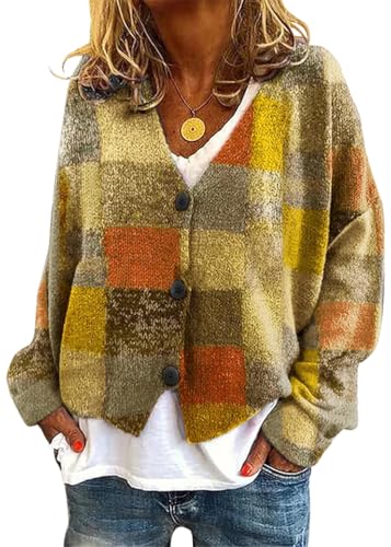 Onsoyours Strickjacke Damen Herbst Winter Chic V-Ausschnitt Strickmantel Druck Langarm Gestrickte Cardigan Übergangsjacke Elegant Lose Knopf Strickpullover Lässige Mantel B08 Gelb 3XL von Onsoyours