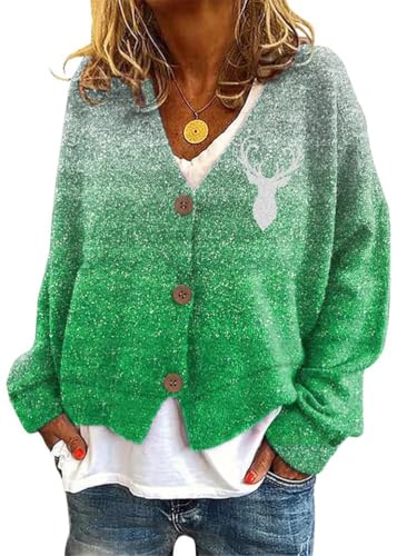 Onsoyours Strickjacke Damen Herbst Winter Chic V-Ausschnitt Strickmantel Druck Langarm Gestrickte Cardigan Übergangsjacke Elegant Lose Knopf Strickpullover Lässige Mantel B09 Grün XL von Onsoyours