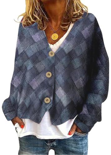Onsoyours Strickjacke Damen Herbst Winter Chic V-Ausschnitt Strickmantel Druck Langarm Gestrickte Cardigan Übergangsjacke Elegant Lose Knopf Strickpullover Lässige Mantel B10 Dunkelblau XXL von Onsoyours