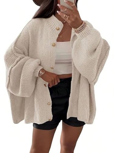 Onsoyours Strickjacke Damen Kurz Laternenärmel Cardigan Langarm Lose Strickmantel Open Front Sweater Herbst Winter Gestrickt Jacke Knopfleiste A Beige S von Onsoyours