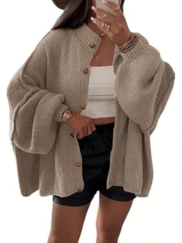 Onsoyours Strickjacke Damen Kurz Laternenärmel Cardigan Langarm Lose Strickmantel Open Front Sweater Herbst Winter Gestrickt Jacke Knopfleiste A Khaki L von Onsoyours