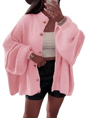Onsoyours Strickjacke Damen Kurz Laternenärmel Cardigan Langarm Lose Strickmantel Open Front Sweater Herbst Winter Gestrickt Jacke Knopfleiste A Rosa M von Onsoyours