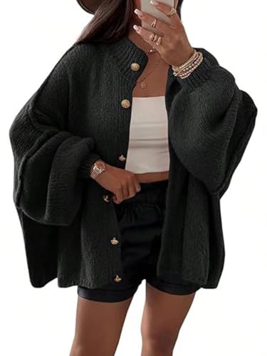 Onsoyours Strickjacke Damen Kurz Laternenärmel Cardigan Langarm Lose Strickmantel Open Front Sweater Herbst Winter Gestrickt Jacke Knopfleiste A Schwarz S von Onsoyours