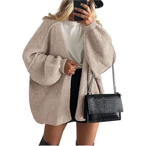 Onsoyours Strickjacke Damen Kurz Laternenärmel Cardigan Open Front Sweater Langarm Lose Strickmantel Herbst Winter Gestrickt Jacke A Beige S von Onsoyours