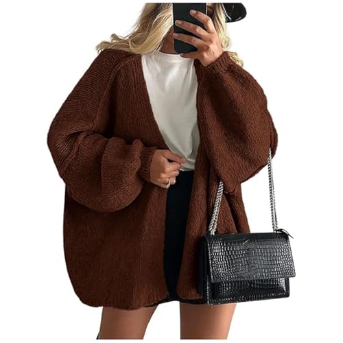 Onsoyours Strickjacke Damen Kurz Laternenärmel Cardigan Open Front Sweater Langarm Lose Strickmantel Herbst Winter Gestrickt Jacke A Dunkelbraun M von Onsoyours