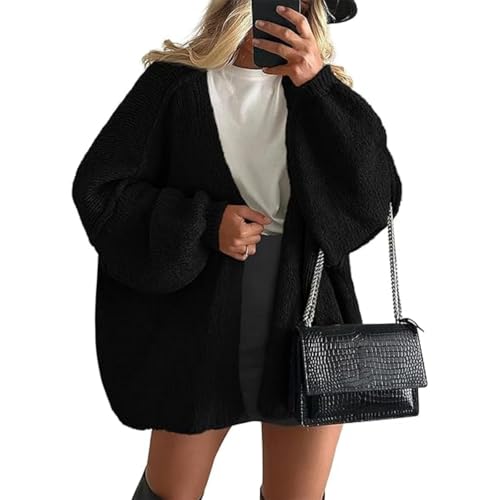 Onsoyours Strickjacke Damen Kurz Laternenärmel Cardigan Open Front Sweater Langarm Lose Strickmantel Herbst Winter Gestrickt Jacke A Schwarz XL von Onsoyours