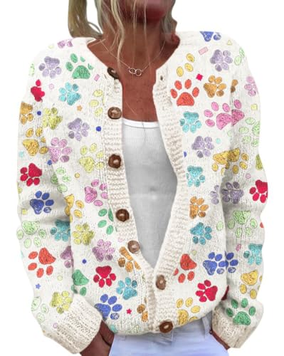 Onsoyours Strickjacke Damen Kurz Strick Blumen Cardigan V-Ausschnitt Knopfleiste Open Front Sweater Elegant Casual Strickmantel für Herbst Winter Frühling A Beige 02 S von Onsoyours