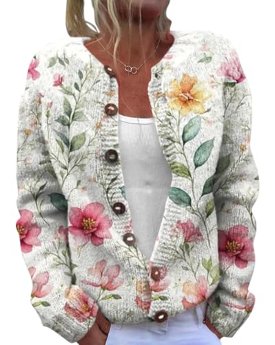 Onsoyours Strickjacke Damen Kurz Strick Blumen Cardigan V-Ausschnitt Knopfleiste Open Front Sweater Elegant Casual Strickmantel für Herbst Winter Frühling A Grün 02 M von Onsoyours