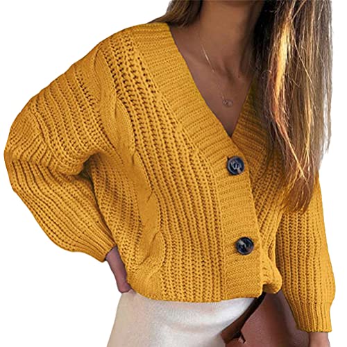 Onsoyours Strickjacke Damen Kurz Strickjacken Vorne Offen mit Knopf Einfarbig Langarm V-Ausschnitt Strickpullover Cardigans Herbst Winter Strick Sweaters Gelb S von Onsoyours