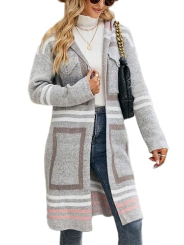 Onsoyours Strickjacke Damen Lang Gestreift Cardigan Feinstrick Jacke Oversize Offen Outerwear Herbst Winter C Grau M von Onsoyours