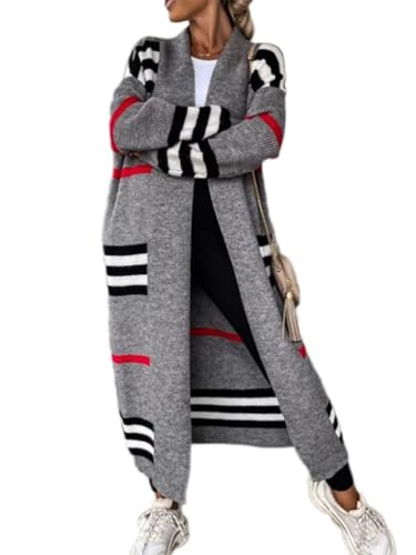 Onsoyours Strickjacke Damen Lang Grobstrickjacke Strickpullover Winter Elegant Offen Lang Strickcardigan Langarm Strickmantel Strickpullover Outwear Strickmantel Sweater B Grau M von Onsoyours