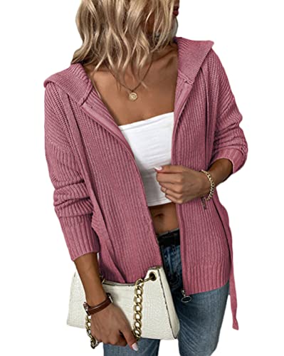 Onsoyours Strickjacke Damen Langarm Reißverschluss Strickcardigan Pullover Cardigan Kapuzenpullover Casual Kurz Strickmantel Outerwear mit Kapuze Taste A Rot XL von Onsoyours