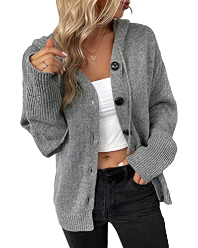 Onsoyours Strickjacke Damen Langarm Reißverschluss Strickcardigan Pullover Cardigan Kapuzenpullover Casual Kurz Strickmantel Outerwear mit Kapuze Taste B Grau M von Onsoyours