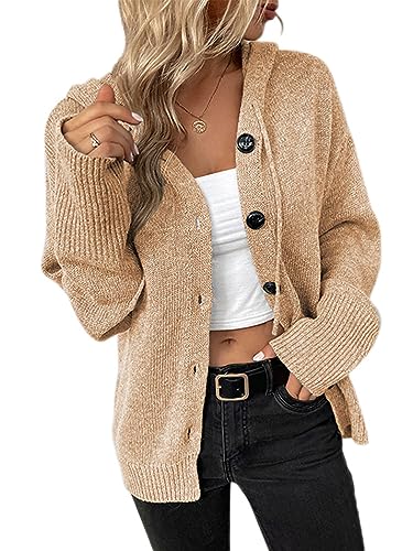 Onsoyours Strickjacke Damen Langarm Reißverschluss Strickcardigan Pullover Cardigan Kapuzenpullover Casual Kurz Strickmantel Outerwear mit Kapuze Taste B Khaki M von Onsoyours