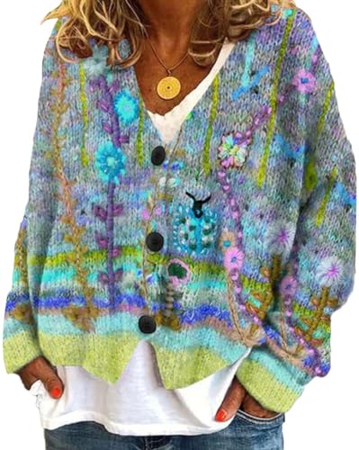 Onsoyours Strickjacke Damen Outerwear V-Ausschnitt Cardigan Elegant Einfarbig Kurz Strickmantel Pullover Herbst Winter Strickpullover Herbst Winter Jacke Mit Knopf C01 Grün M von Onsoyours
