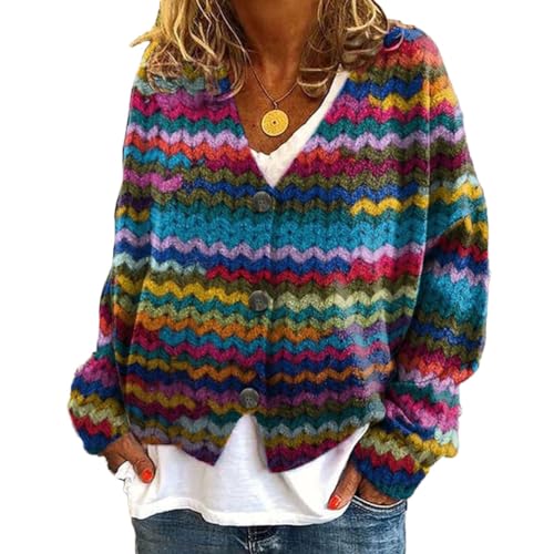 Onsoyours Strickjacke Damen Outerwear V-Ausschnitt Cardigan Elegant Einfarbig Kurz Strickmantel Pullover Herbst Winter Strickpullover Herbst Winter Jacke Mit Knopf C04 Blau 3XL von Onsoyours