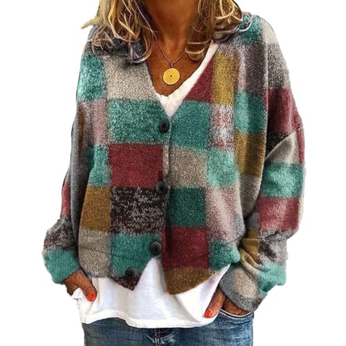 Onsoyours Strickjacke Damen Outerwear V-Ausschnitt Cardigan Elegant Einfarbig Kurz Strickmantel Pullover Herbst Winter Strickpullover Herbst Winter Jacke Mit Knopf C07 Mehrfarbig 3XL von Onsoyours