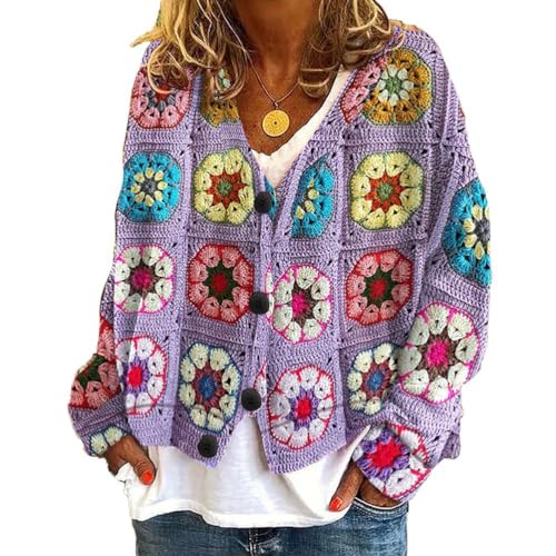 Onsoyours Strickjacke Damen Outerwear V-Ausschnitt Cardigan Elegant Einfarbig Kurz Strickmantel Pullover Herbst Winter Strickpullover Herbst Winter Jacke Mit Knopf C10 Violett 3XL von Onsoyours
