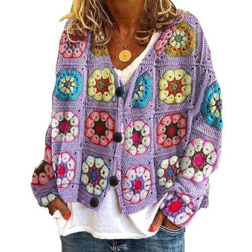 Onsoyours Strickjacke Damen Outerwear V-Ausschnitt Cardigan Elegant Einfarbig Kurz Strickmantel Pullover Herbst Winter Strickpullover Herbst Winter Jacke Mit Knopf C10 Violett XL von Onsoyours