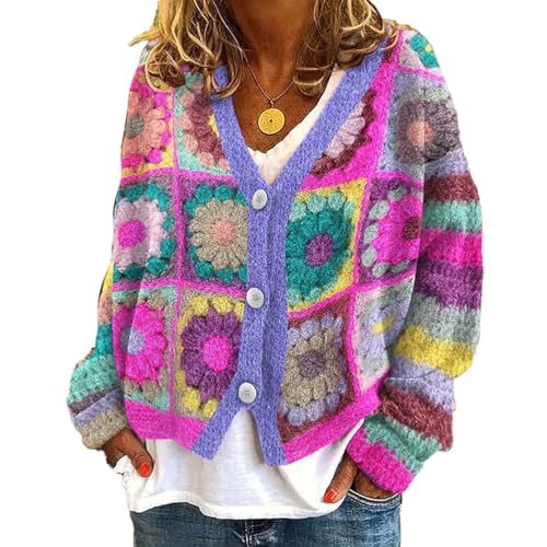 Onsoyours Strickjacke Damen Outerwear V-Ausschnitt Cardigan Elegant Einfarbig Kurz Strickmantel Pullover Herbst Winter Strickpullover Herbst Winter Jacke Mit Knopf C20 Mehrfarbig XXL von Onsoyours