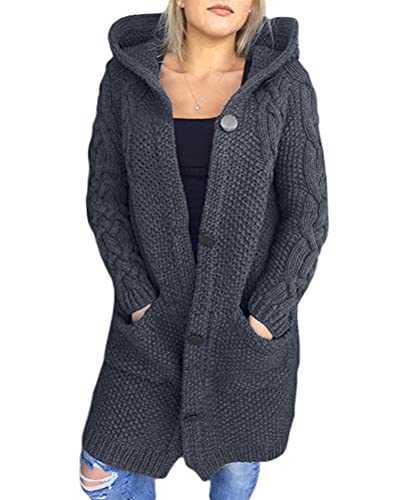 Onsoyours Strickjacke Damen Strickmantel Strickcardigan Lange Cardigan mit Kapuze Grob Strickpulli Herbst Winter Casual Open Sweater A Dunkelgrau XXL von Onsoyours