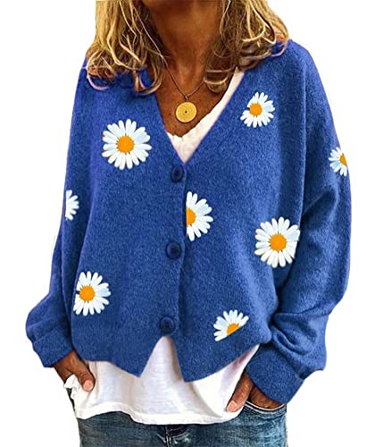 Onsoyours Strickjacke Damen V-Ausschnitt Cardigan Laternenhülle Casual Kurz Grobstrick Blumen Pullover Strickmantel Oversize Pullover Knopfleiste Outerwear A Blau M von Onsoyours