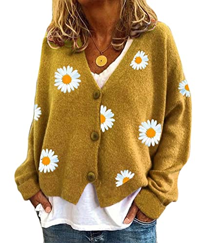 Onsoyours Strickjacke Damen V-Ausschnitt Cardigan Laternenhülle Casual Kurz Grobstrick Blumen Pullover Strickmantel Oversize Pullover Knopfleiste Outerwear A Gelb XL Onsoyours Strickjacke Damen V-Ausschnitt Cardigan Laternenhülle Casual Kurz Grobstrick Blumen Pullover Strickmantel Oversize Pullover Knopfleiste Outerwear A Gelb XL von Onsoyours