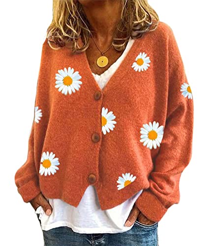 Onsoyours Strickjacke Damen V-Ausschnitt Cardigan Laternenhülle Casual Kurz Grobstrick Blumen Pullover Strickmantel Oversize Pullover Knopfleiste Outerwear A Orange L von Onsoyours