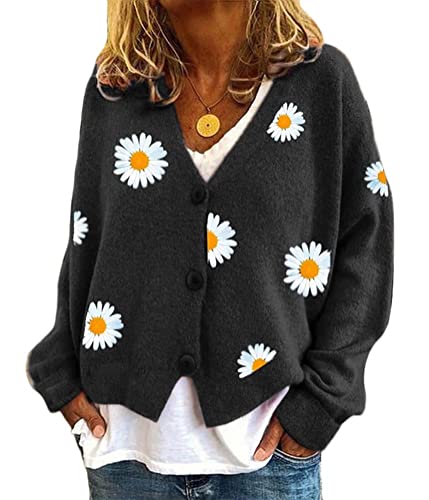 Onsoyours Strickjacke Damen V-Ausschnitt Cardigan Laternenhülle Casual Kurz Grobstrick Blumen Pullover Strickmantel Oversize Pullover Knopfleiste Outerwear A Schwarz XL von Onsoyours