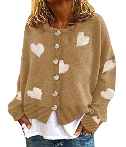 Onsoyours Strickjacke Damen V-Ausschnitt Cardigan Laternenhülle Casual Kurz Grobstrick Blumen Pullover Strickmantel Oversize Pullover Knopfleiste Outerwear B Khaki M von Onsoyours