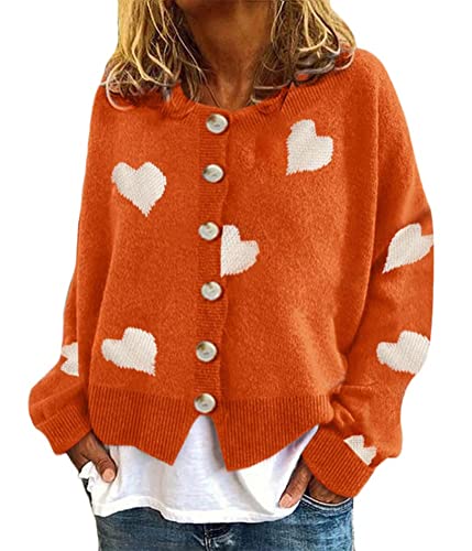 Onsoyours Strickjacke Damen V-Ausschnitt Cardigan Laternenhülle Casual Kurz Grobstrick Blumen Pullover Strickmantel Oversize Pullover Knopfleiste Outerwear B Orange 3XL von Onsoyours