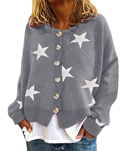 Onsoyours Strickjacke Damen V-Ausschnitt Cardigan Laternenhülle Casual Kurz Grobstrick Blumen Pullover Strickmantel Oversize Pullover Knopfleiste Outerwear C Grau XXL von Onsoyours