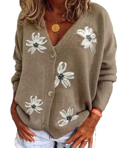 Onsoyours Strickjacke Damen V-Ausschnitt Cardigan Laternenhülle Casual Kurz Grobstrick Blumen Pullover Strickmantel Oversize Pullover Knopfleiste Outerwear D Grau XXL von Onsoyours