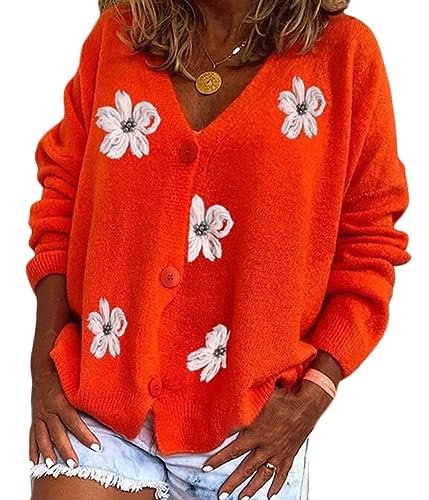 Onsoyours Strickjacke Damen V-Ausschnitt Cardigan Laternenhülle Casual Kurz Grobstrick Blumen Pullover Strickmantel Oversize Pullover Knopfleiste Outerwear D Rot L von Onsoyours