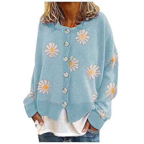 Onsoyours Strickjacke Damen Winter Mode V-Ausschnitt Langarm Gänseblümchen Strickmantel Frauen Lose Einfarbig Knopf Offene Gestrickte Cardigan Strickpullover Lässige Mantel Street Style A Blau XL von Onsoyours