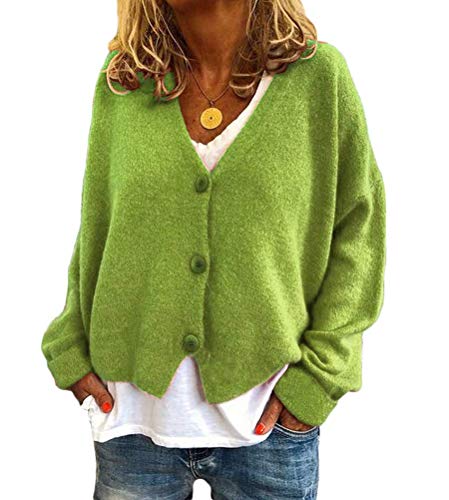 Onsoyours Strickjacke Damen Winter Mode V-Ausschnitt Langarm Gänseblümchen Strickmantel Frauen Lose Einfarbig Knopf Offene Gestrickte Cardigan Strickpullover Lässige Mantel Street Style B Hellgrün XL von Onsoyours