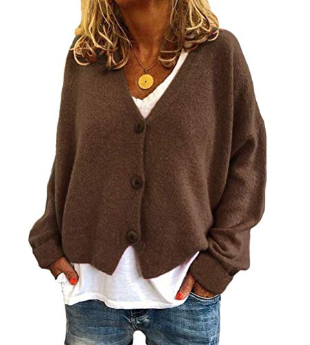 Onsoyours Strickjacke Damen Winter Mode V-Ausschnitt Langarm Gänseblümchen Strickmantel Frauen Lose Einfarbig Knopf Offene Gestrickte Cardigan Strickpullover Lässige Mantel Street Style B Kaffee 3XL von Onsoyours